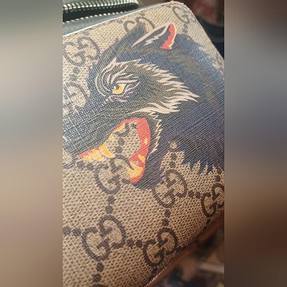 GUCCI GG Supreme Monogram Double Wolf Print Zip Around Wallet Black - Picture 15 of 15